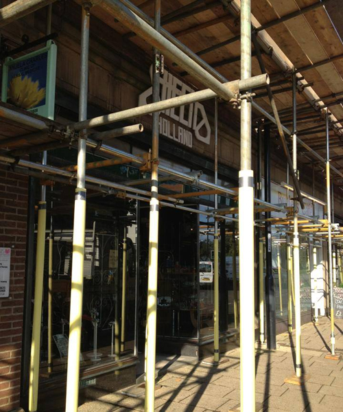 Sheena Holland's scaffold-enclosed shop in Derby